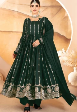 A-Line Suits|Wedding Wear>Utsav Fashion Embroidered Georgette A Line Suit in Dark Green