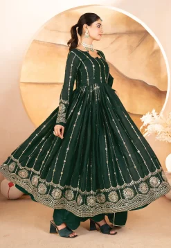 A-Line Suits|Wedding Wear>Utsav Fashion Embroidered Georgette A Line Suit in Dark Green