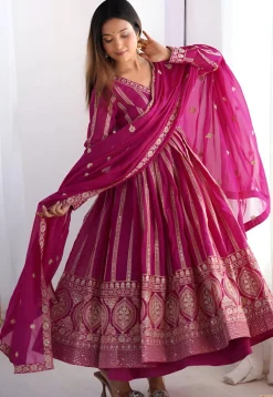 A-Line Suits|Festive Wear>Utsav Fashion Embroidered Georgette A Line Suit in Fuchsia Pink