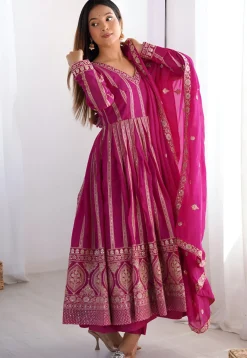 A-Line Suits|Festive Wear>Utsav Fashion Embroidered Georgette A Line Suit in Fuchsia Pink