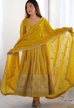 A-Line Suits|Party Wear>Utsav Fashion Embroidered Georgette A Line Suit in Yellow