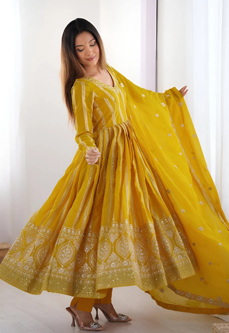 A-Line Suits|Party Wear>Utsav Fashion Embroidered Georgette A Line Suit in Yellow