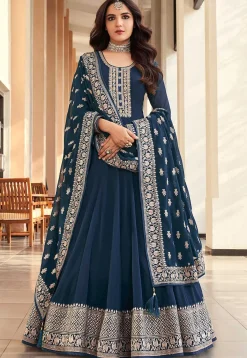 Abaya Style|Bollywood Wear>Utsav Fashion Embroidered Georgette Abaya Style Suit in Teal Blue