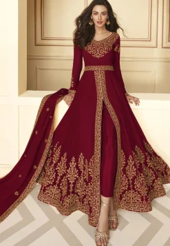 Abaya Style|Georgette Suits>Utsav Fashion Embroide Georgette Abaya Style Suit in Maroon Red