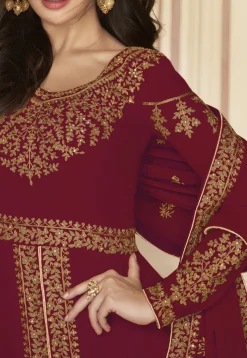 Abaya Style|Georgette Suits>Utsav Fashion Embroide Georgette Abaya Style Suit in Maroon Red