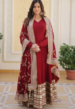 Abaya Style|Wedding Wear>Utsav Fashion Embroide Georgette Abaya Style Suit in Maroon Red