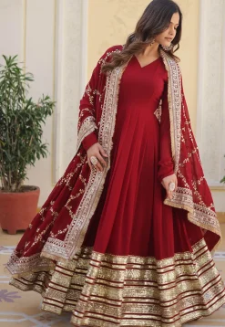 Abaya Style|Wedding Wear>Utsav Fashion Embroide Georgette Abaya Style Suit in Maroon Red