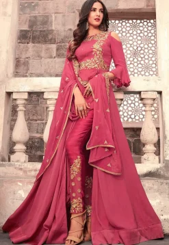 Abaya Style|Georgette Suits>Utsav Fashion Embroidered Georgette Abaya Style Suit in Old Rose Pink