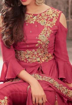 Abaya Style|Georgette Suits>Utsav Fashion Embroidered Georgette Abaya Style Suit in Old Rose Pink