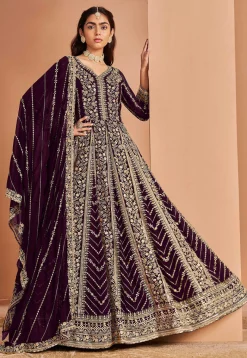 Abaya Style|Georgette Suits>Utsav Fashion Embroidered Georgette Abaya Style Suit in Purple