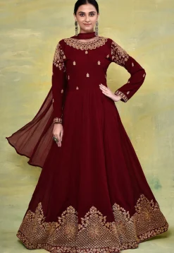 Abaya Style|Wedding Wear>Utsav Fashion Embroide Georgette Abaya Style Suit in Maroon Red
