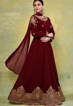 Abaya Style|Wedding Wear>Utsav Fashion Embroide Georgette Abaya Style Suit in Maroon Red