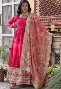 Wedding Wear>Utsav Fashion Embroidered Georgette Abaya Style Suit in Fuchsia Pink