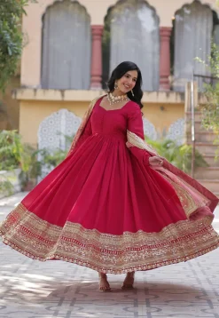 Wedding Wear>Utsav Fashion Embroidered Georgette Abaya Style Suit in Fuchsia Pink