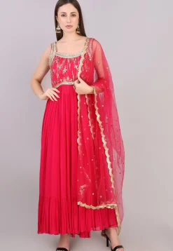 Wedding Wear>Utsav Fashion Embroidered Georgette Abaya Style Suit in Fuchsia Pink