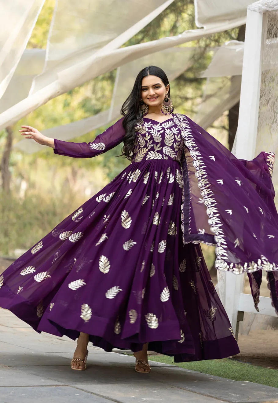 Wedding Wear>Utsav Fashion Embroidered Georgette Abaya Style Suit in Purple