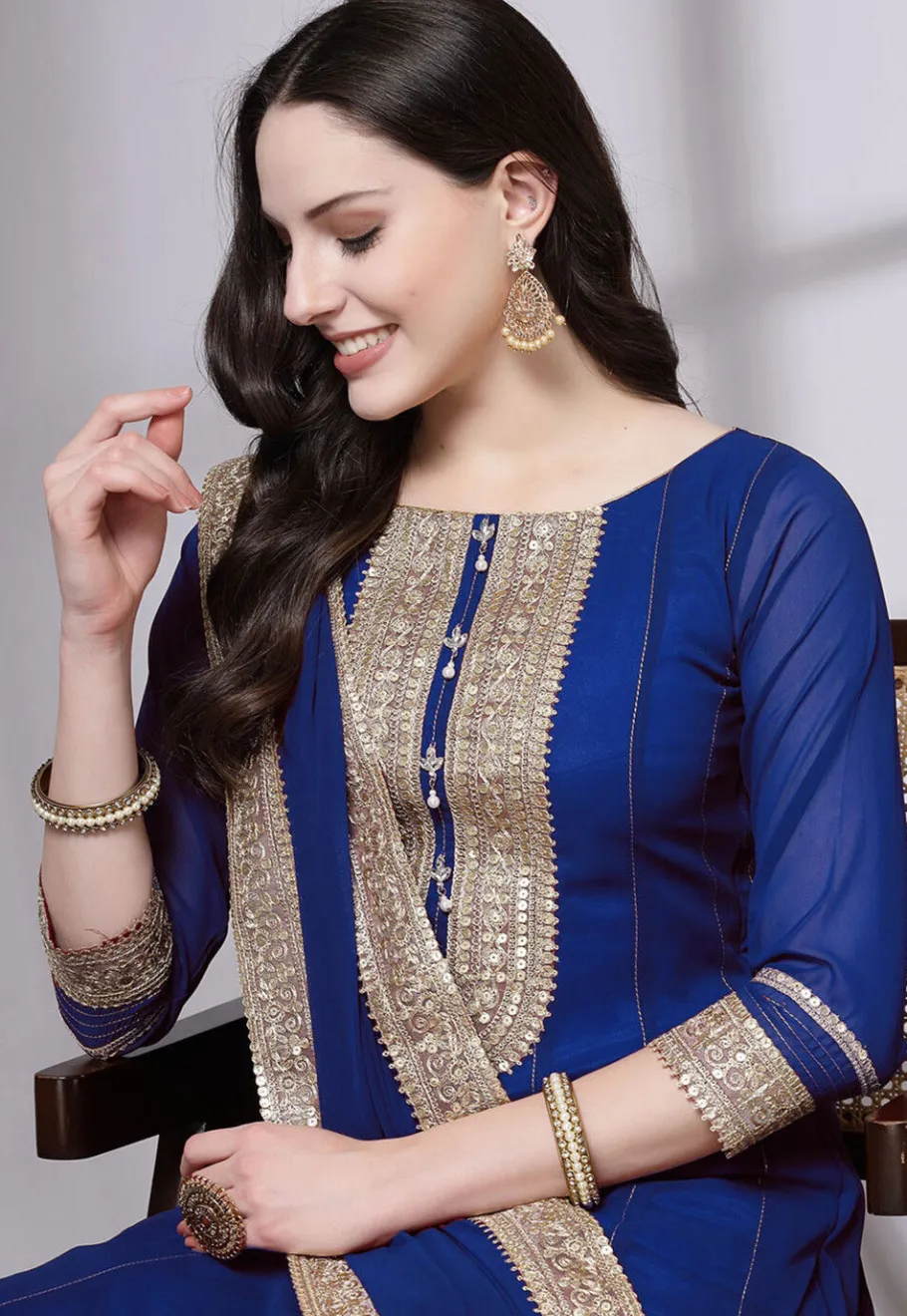 Anarkali Style>Utsav Fashion Embroidered Georgette Anarkali Suit in Royal Blue