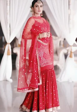 Wedding Wear>Utsav Fashion Embroidered Georgette Pakistani Suit in Red Pink