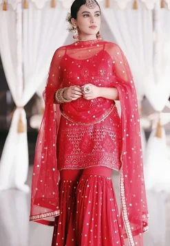Wedding Wear>Utsav Fashion Embroidered Georgette Pakistani Suit in Red Pink