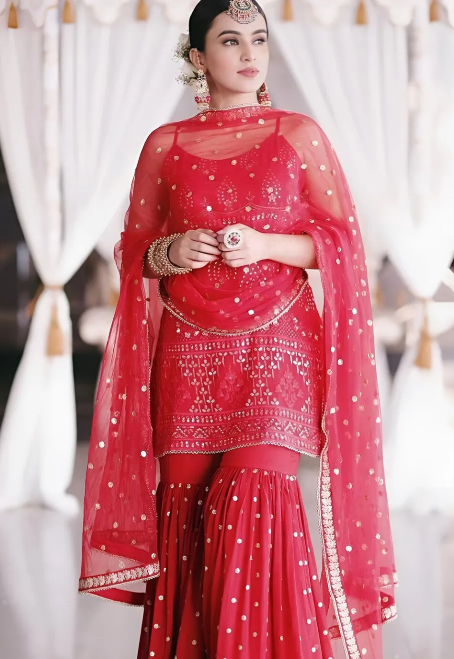 Wedding Wear>Utsav Fashion Embroidered Georgette Pakistani Suit in Red Pink