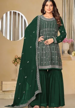 Wedding Wear>Utsav Fashion Embroidered Georgette Pakistani Suit in Dark Green