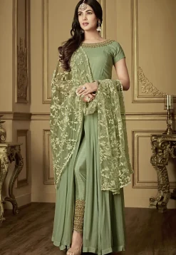 Abaya Style|Bollywood Wear>Utsav Fashion Embroidered Neckline Georgette Abaya Style Suit in Pastel Green