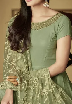 Abaya Style|Bollywood Wear>Utsav Fashion Embroidered Neckline Georgette Abaya Style Suit in Pastel Green