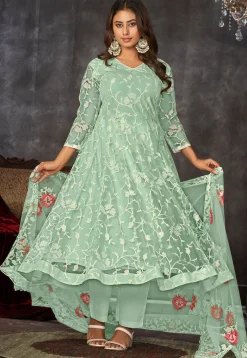 Anarkali Style>Utsav Fashion Embroidered Net Anarkali Suit in Sea Green