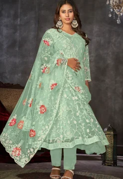 Anarkali Style>Utsav Fashion Embroidered Net Anarkali Suit in Sea Green