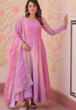 Wedding Wear|Abaya Style>Utsav Fashion Embroidered Organza Abaya Style Suit in Shaded and Purple Pink