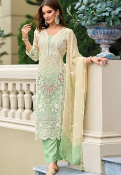 Festive Wear|Party Wear>Utsav Fashion Embroidered Organza Pakistani Suit in Cream and Green Green, White