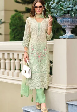 Festive Wear|Party Wear>Utsav Fashion Embroidered Organza Pakistani Suit in Cream and Green Green, White