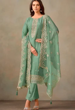Party Wear|Festive Wear>Utsav Fashion Embroidered Organza Pakistani Suit in Teal Green