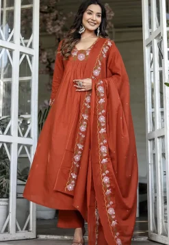 A-Line Suits|Party Wear>Utsav Fashion Embroidered Rayon A Line Suit in Rust Orange