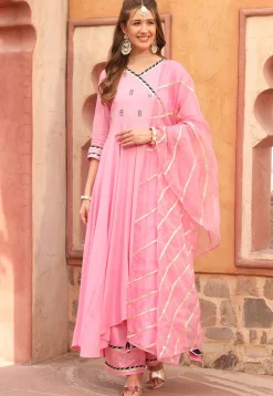 A-Line Suits|Party Wear>Utsav Fashion Embroidered Rayon A Line Suit in Pink