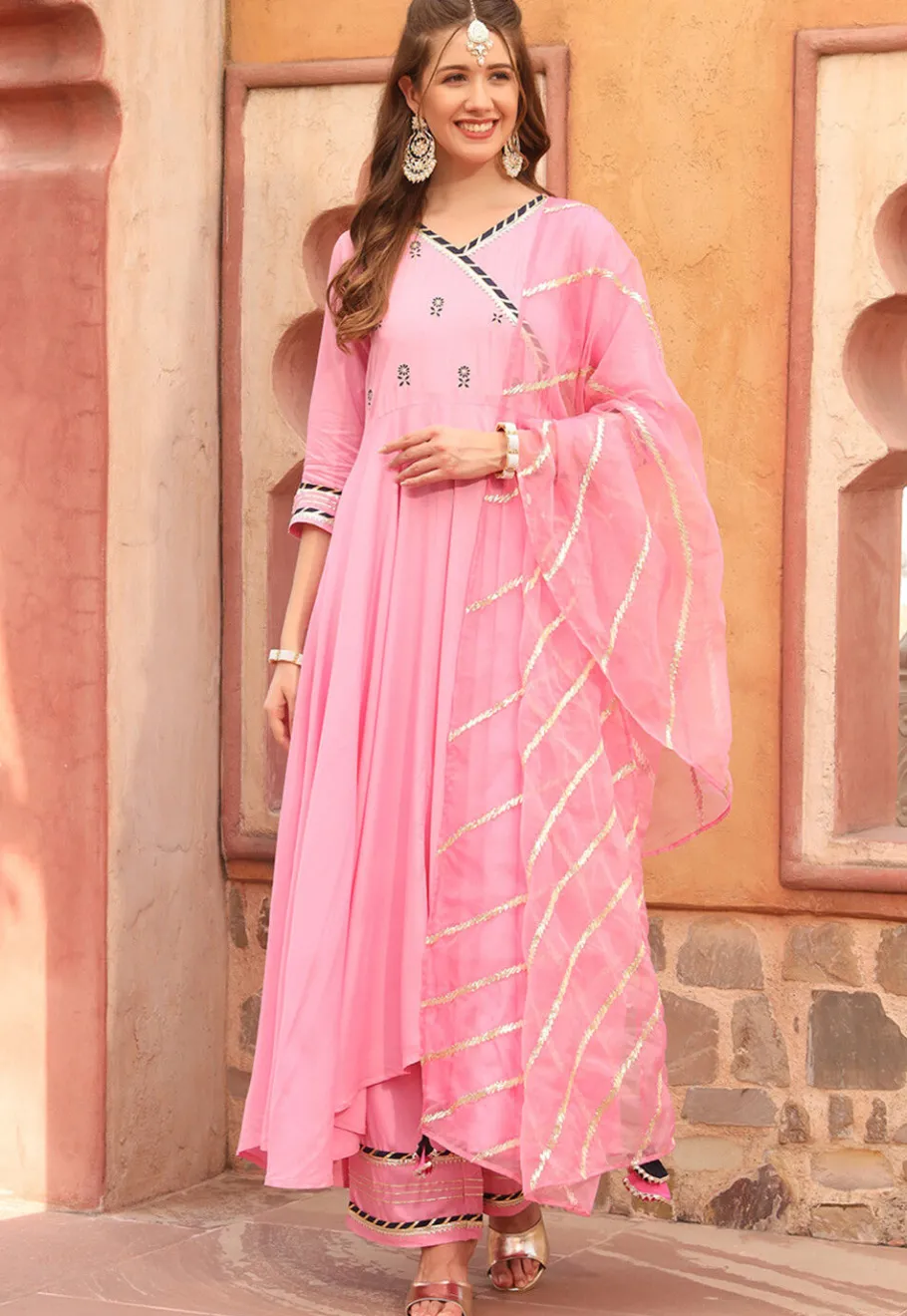 A-Line Suits|Party Wear>Utsav Fashion Embroidered Rayon A Line Suit in Pink