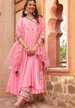 A-Line Suits|Party Wear>Utsav Fashion Embroidered Rayon A Line Suit in Pink