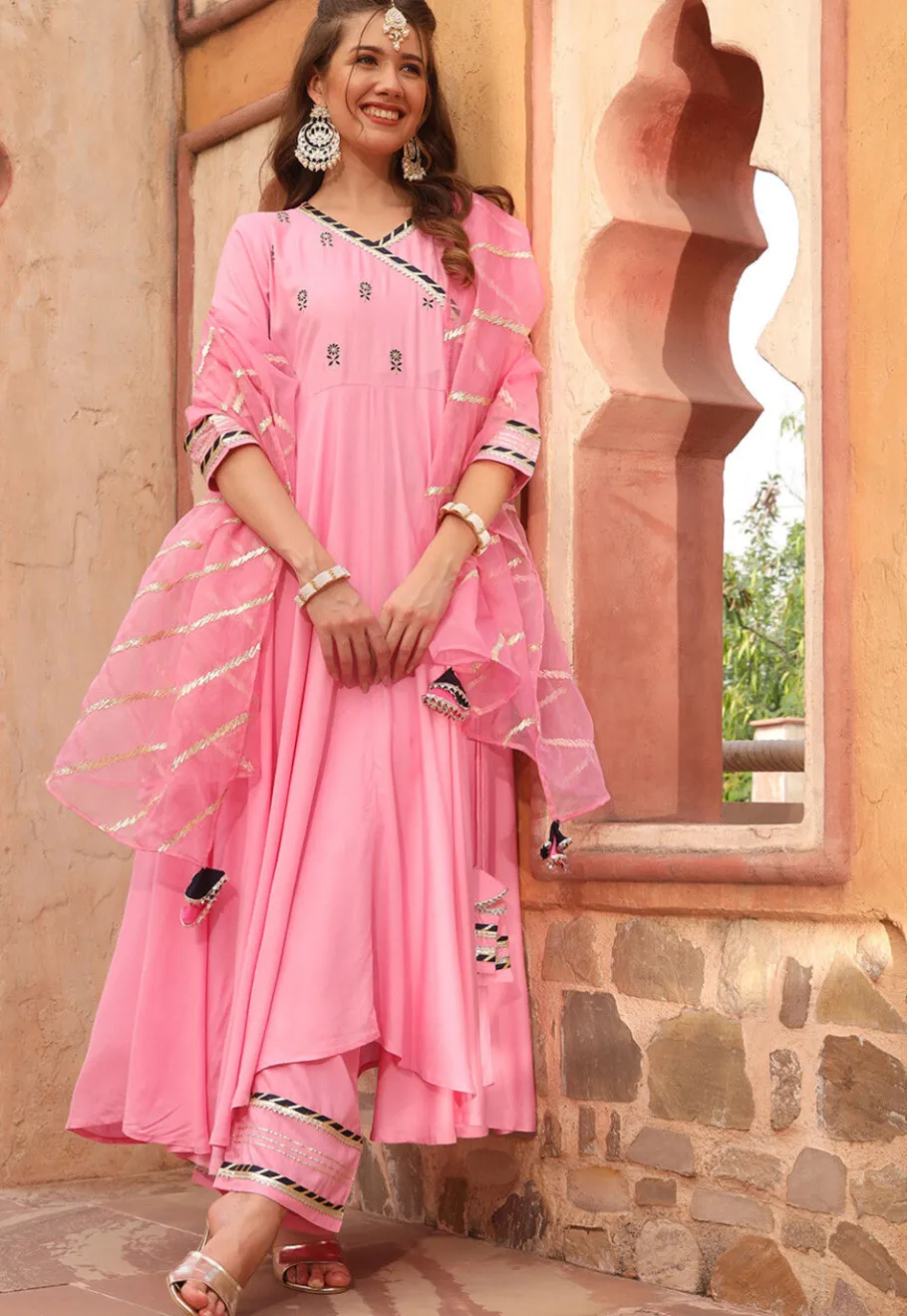 A-Line Suits|Party Wear>Utsav Fashion Embroidered Rayon A Line Suit in Pink