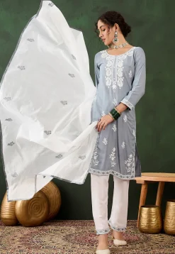 Festive Wear>Utsav Fashion Embroidered Rayon Pakistani Suit in Grey