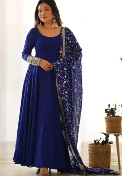 Abaya Style|Georgette Suits>Utsav Fashion Embroidered Sleeve Georgette Abaya Style Suit in Royal Blue