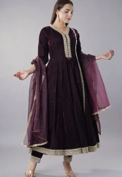 Party Wear|Anarkali Style>Utsav Fashion Embroidered Velvet Anarkali Suit in Wine Purple