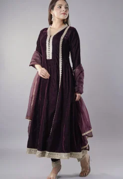 Party Wear|Anarkali Style>Utsav Fashion Embroidered Velvet Anarkali Suit in Wine Purple