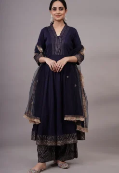 A-Line Suits|Party Wear>Utsav Fashion Foil Printed Rayon Aline Suit in Navy Blue