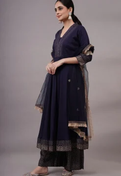 A-Line Suits|Party Wear>Utsav Fashion Foil Printed Rayon Aline Suit in Navy Blue