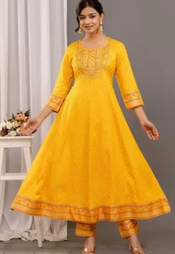 A-Line Suits|Party Wear>Utsav Fashion Foil Printed Rayon Aline Suit in Yellow