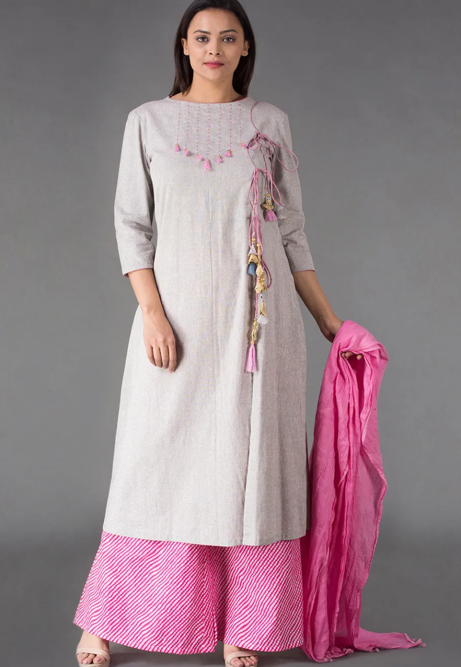 Casual Wear>Utsav Fashion Front Slit Linen Cotton Pakistani Suit in Light Grey