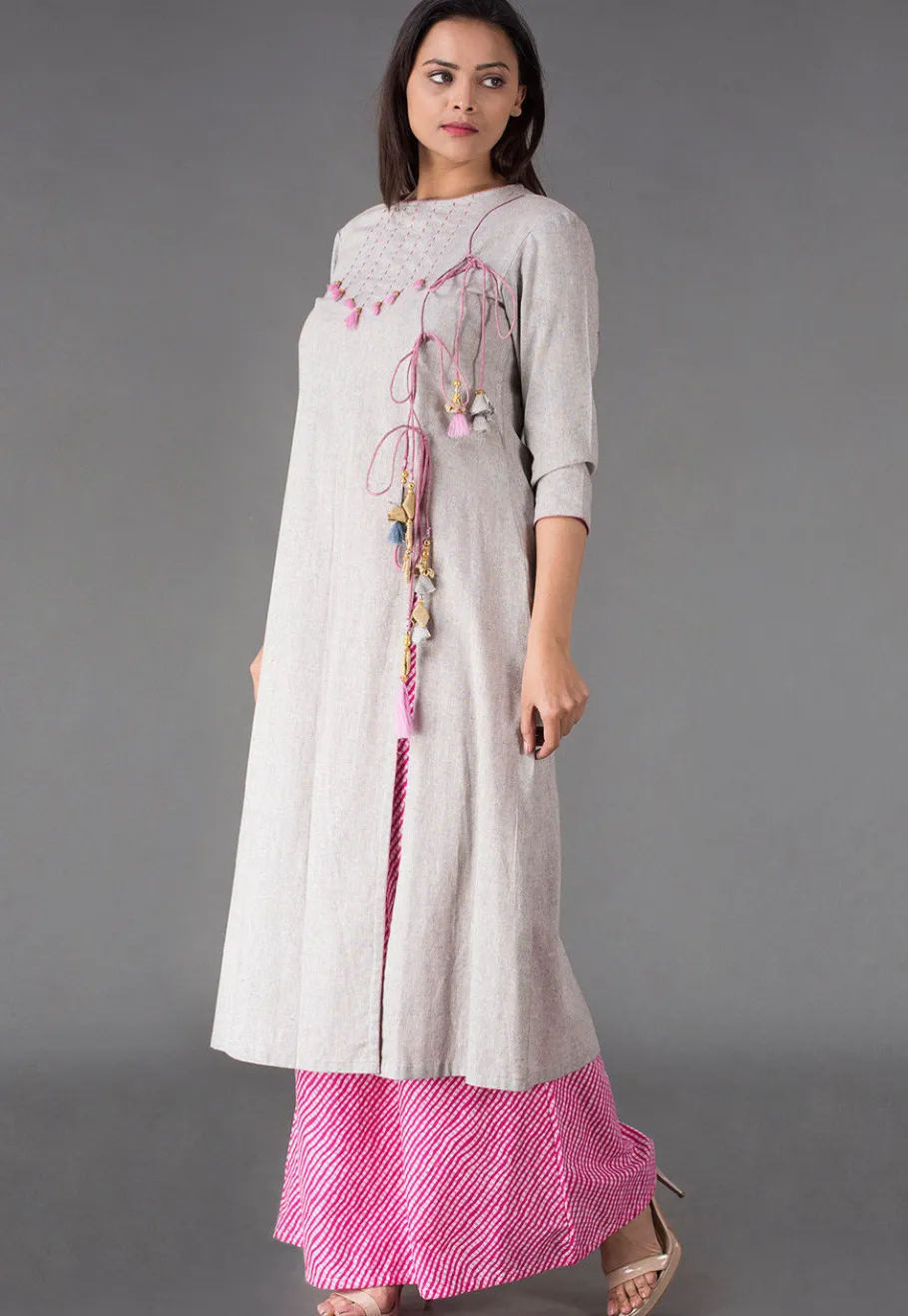 Casual Wear>Utsav Fashion Front Slit Linen Cotton Pakistani Suit in Light Grey