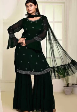 Wedding Wear>Utsav Fashion Hand Embroidered Georgette Pakistani Suit in Dark Green