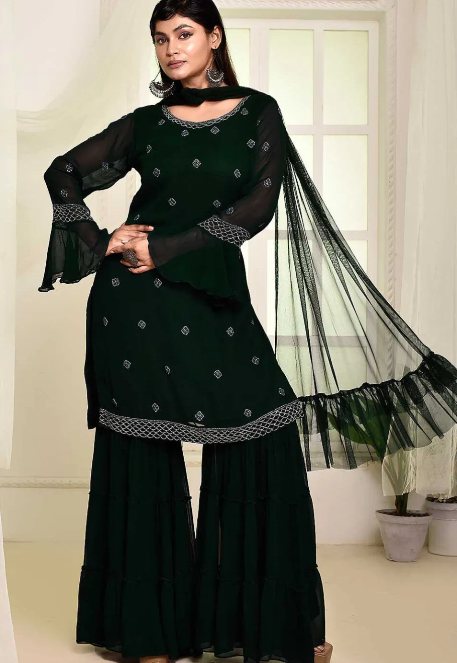 Wedding Wear>Utsav Fashion Hand Embroidered Georgette Pakistani Suit in Dark Green