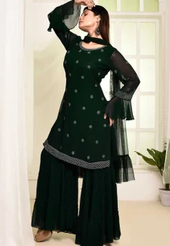 Wedding Wear>Utsav Fashion Hand Embroidered Georgette Pakistani Suit in Dark Green
